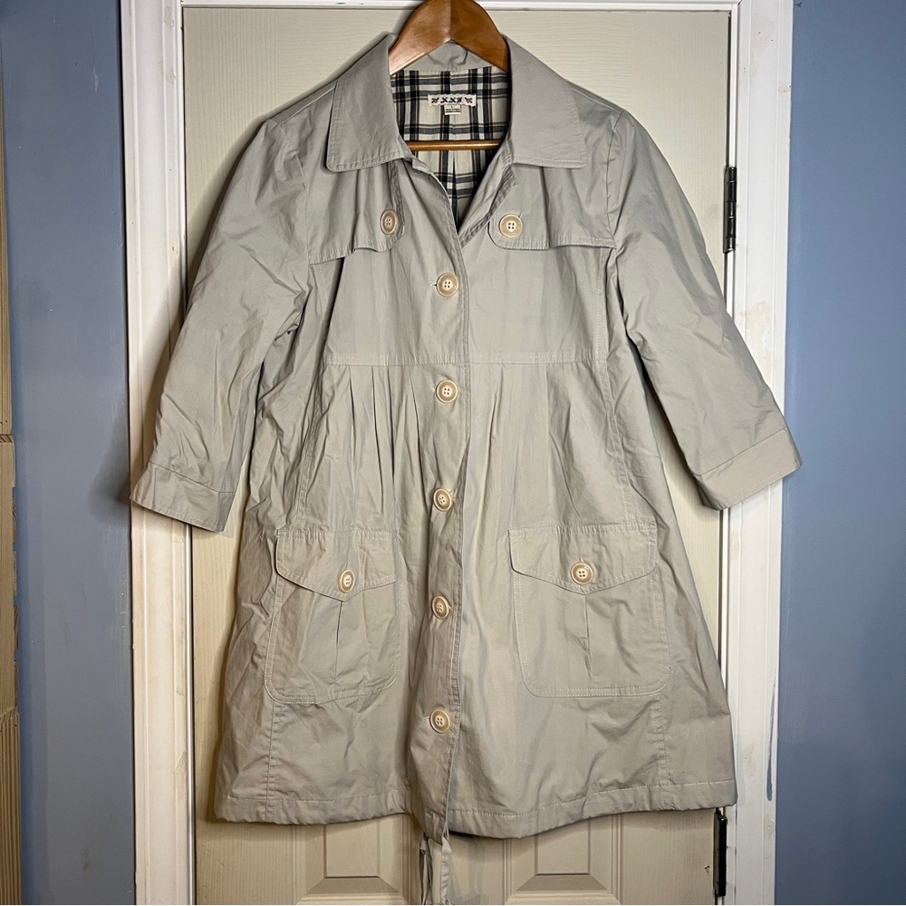 XX3 Khaki Jacket Trench Woman Sz L Y2k VTG 3/4 Sleeve Length Button Plaid Lined